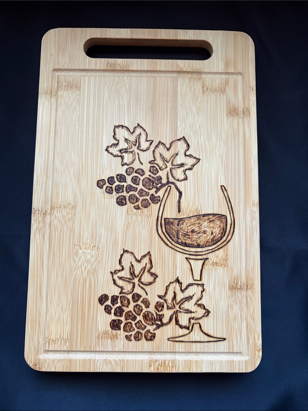 Hand Crafted Bamboo Serving Board with Wine Glass & Grape Design